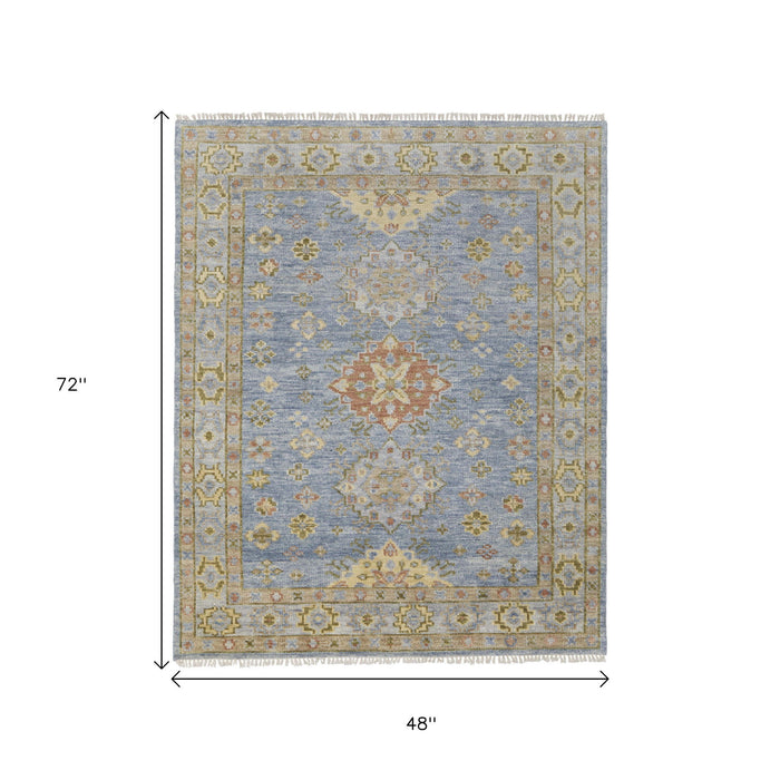 4' X 6' Geometric Hand Knotted Area Rug With Fringe - Blue