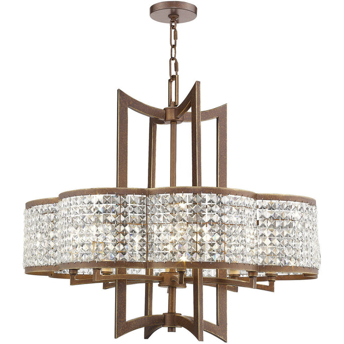 HomeRoots 27-inch bronze metal chandelier with eight clear shades and dimmable lights, stylish lighting fixture for living spaces.