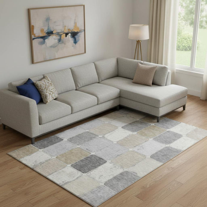 10' X 14' Geometric Washable Area Rug With UV Protection (709102) - Beige / Gray / Silver