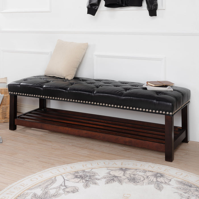 Giga upholstered bedroom end of bed bench with tufted design, nailhead trim, wooden shelf, and cushioned footstool for living room or entrance.