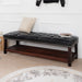 Giga upholstered bedroom end of bed bench with tufted design, nailhead trim, wooden shelf, and cushioned footstool for living room or entrance.