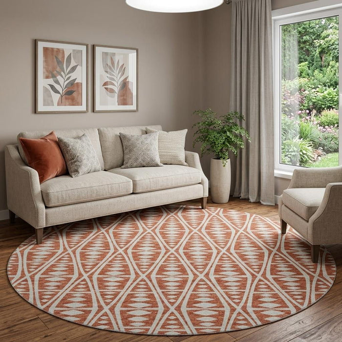 8' Tribal Washable Round Rug With UV Protection (644883) - Burnt Sienna / Ivory