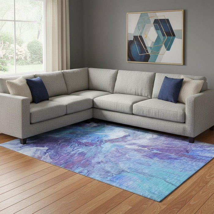 10' X 14' Abstract Washable Area Rug With UV Protection (653482) - Blue / Purple / Ivory