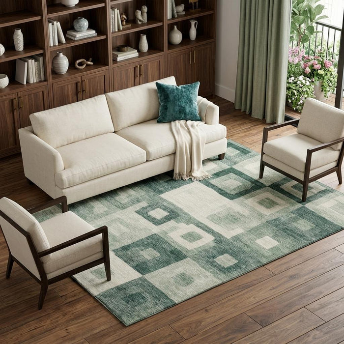 10' X 14' Geometric Washable Area Rug With UV Protection (686693) - Green / Ivory