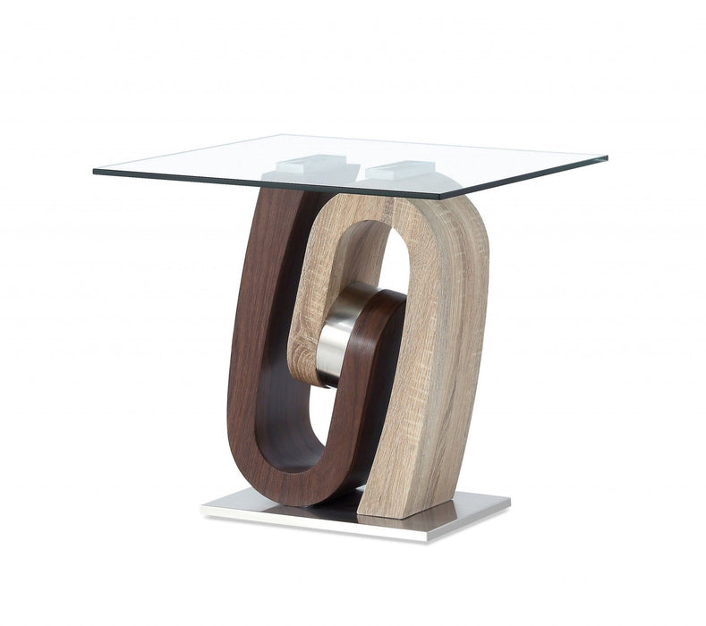 Glass Square End Table - Walnut, Oak And Clear