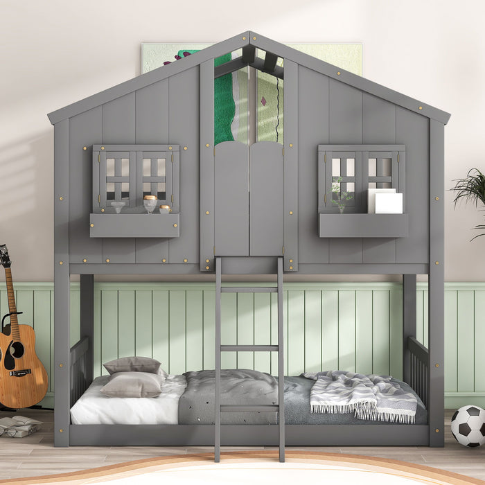 Giga house bunk bed with roof, window, window box, door, safety guardrails, and ladder for children’s bedroom.