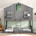 Giga house bunk bed with roof, window, window box, door, safety guardrails, and ladder for children’s bedroom.