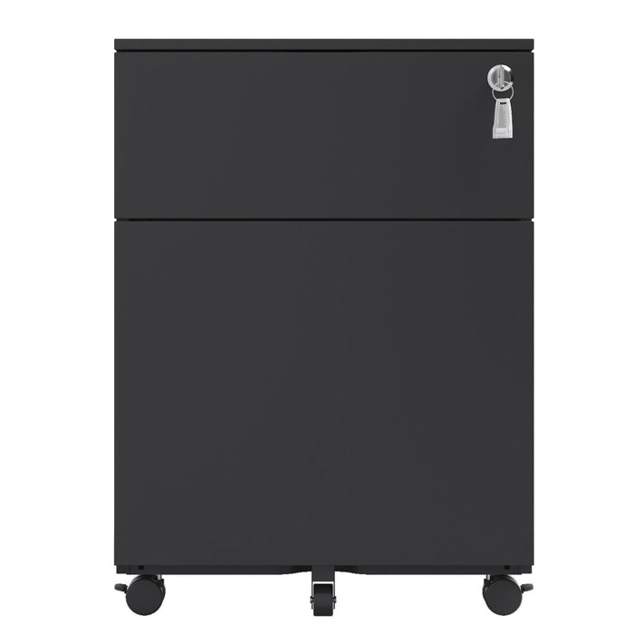 Giga steel mobile filing cabinet with two drawers, lockable, suitable for legal, letter, A4, and F4 paper sizes, in office or home setting.