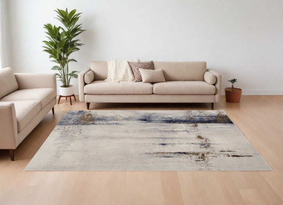 9' x 12' Abstract Power Loom Area Rug - Ivory Blue And Brown