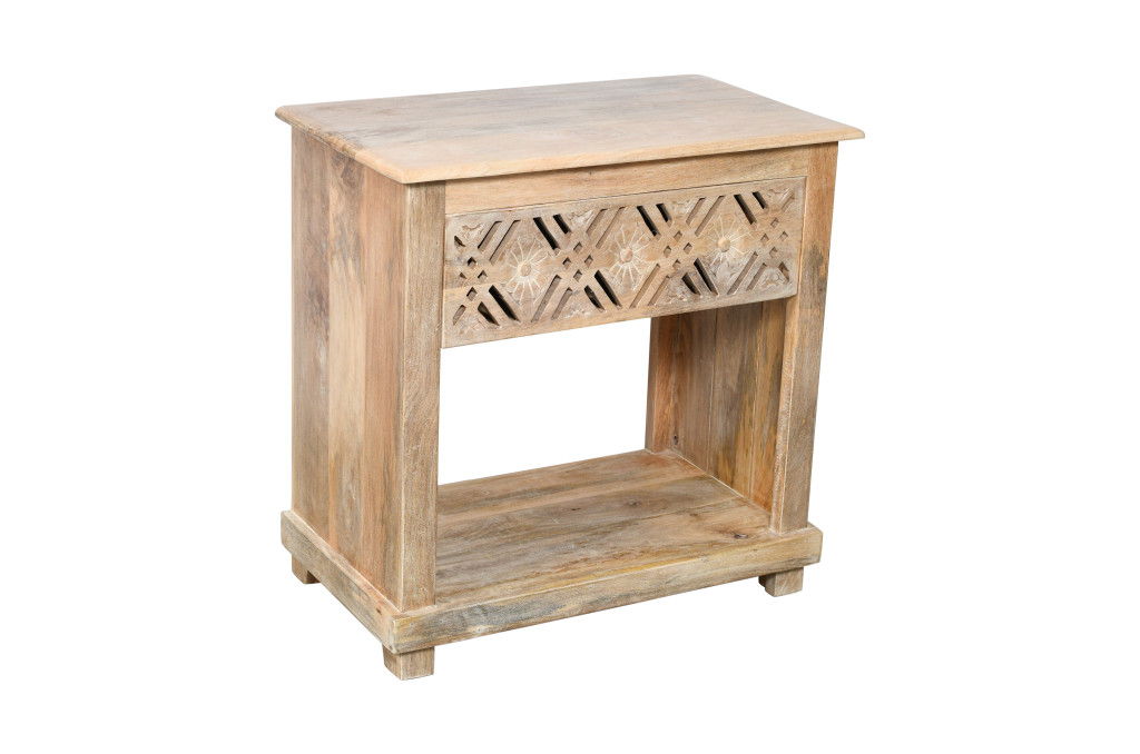 28" Solid Wood Carved Geometric One Drawer Nightstand - Natural