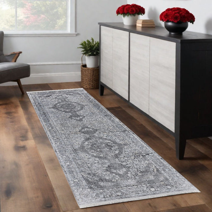 8' Oriental Power Loom Worn Faded Runner Rug - Silver And Gray