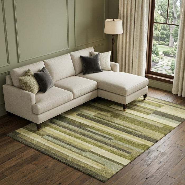10' X 14' Striped Washable Area Rug With UV Protection (675804) - Olive Green / Ivory / Beige