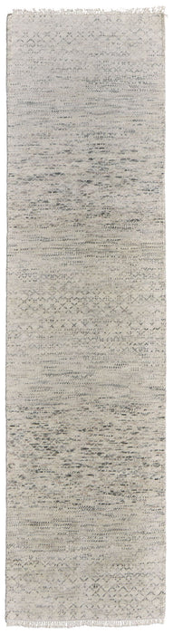 10' Wool Hand Knotted Runner Rug With Fringe - Ivory And Gray