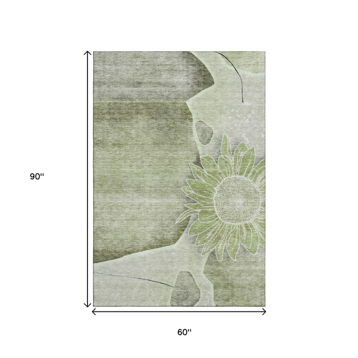 5' X 8' Floral Washable Area Rug With UV Protection (656779) - Artichoke Green / Gray / Ivory