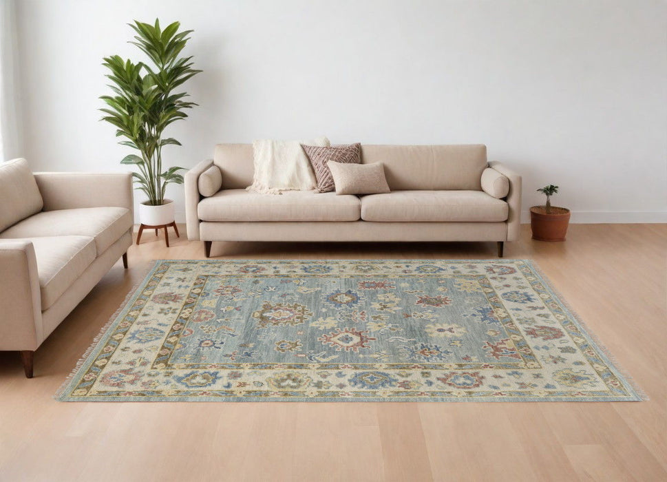 10' x 14' Wool Floral Hand Knotted Area Rug With Fringe - Blue Ivory And Yellow