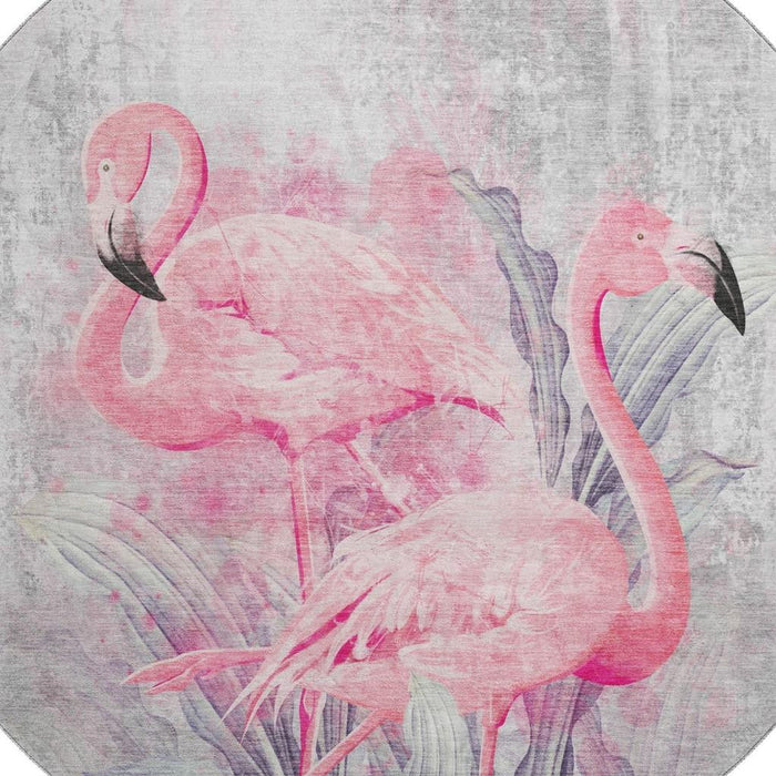 8' Island Geometric Washable Round Rug With UV Protection - Pink