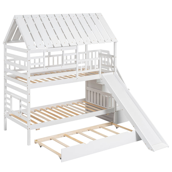 Giga house bunk bed with trundle, storage staircase, roof, and window design, featuring multiple sleeping and play areas for kids.