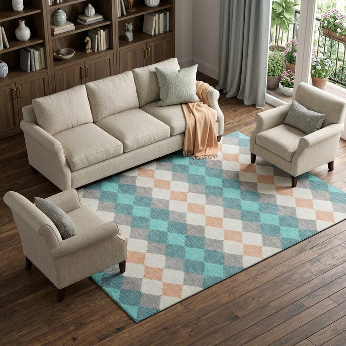 10' X 14' Geometric Washable Area Rug With UV Protection (679090) - Teal / Coral / Ivory