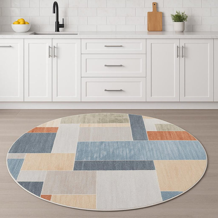 5' Geometric Round Rug (573819) - Blue / Brown / Tan