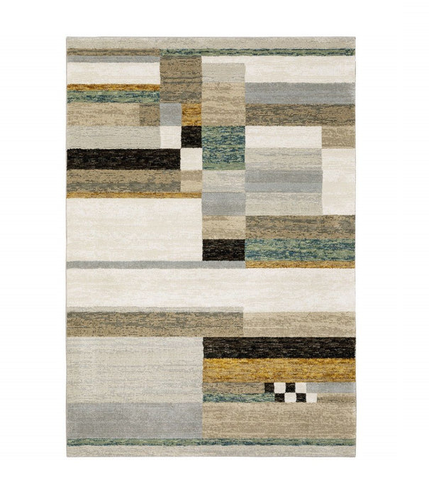 5' x 7' Geometric Power Loom Area Rug - Beige Gold Black Gray Tan Teal And Rust