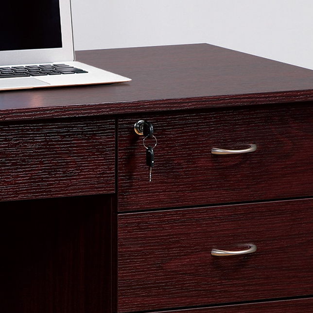 Giga Mahogany writing desk with three locking drawers on metal glides, featuring a modesty panel and metal bar handles.