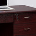 Giga Mahogany writing desk with three locking drawers on metal glides, featuring a modesty panel and metal bar handles.