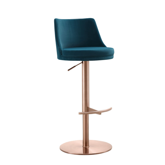 Velvet Low Back Adjustable Height Swivel Bar Chair - Blue / Rose / Gold
