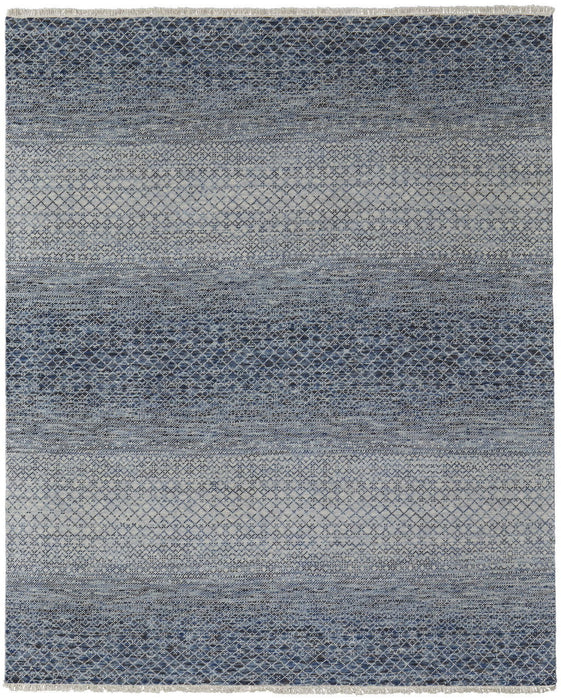 6' x 9' Wool Hand Knotted Area Rug With Fringe - Ivory Gray And Blue
