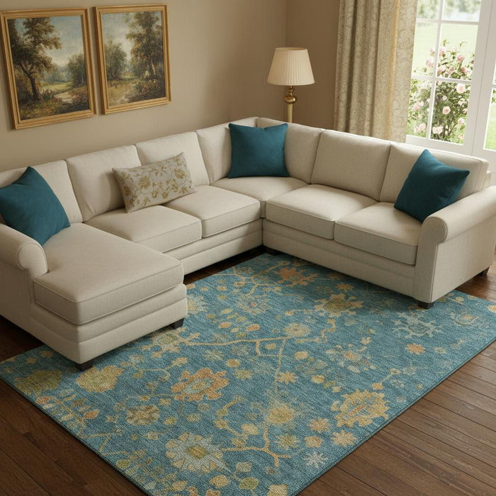 10' X 14' Floral Washable Area Rug With UV Protection (708457) - Teal / Gold / Blue