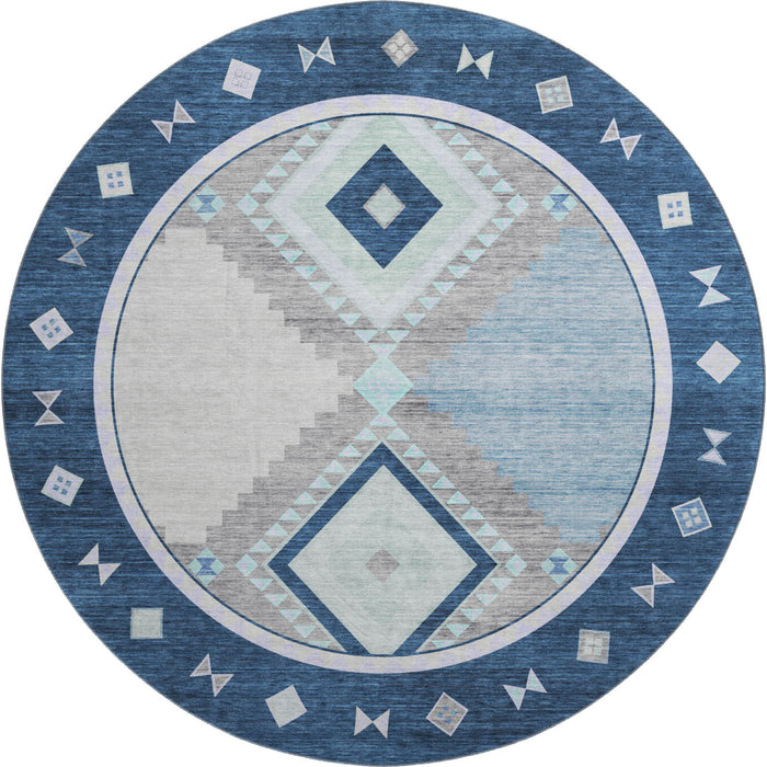 8' Southwest Geometric Washable Round Rug With UV Protection - Blue