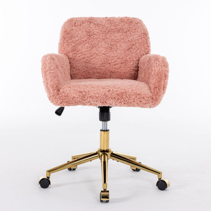 Giga swivel office chair with artificial rabbit hair upholstery, metal base, adjustable height, and rotating seat for home or vanity use.