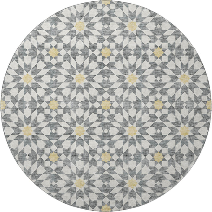 8' Geometric Washable Round Rug With UV Protection - Gray
