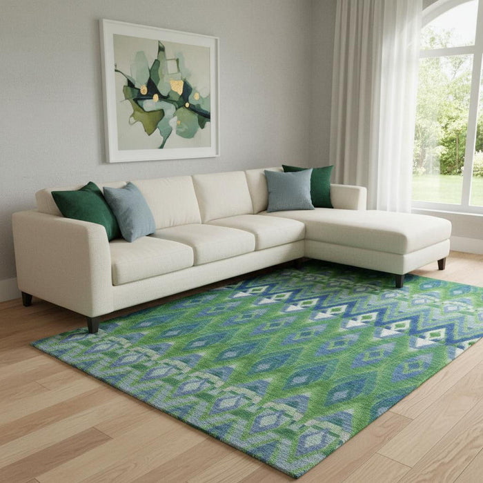9' X 12' Southwestern Washable Area Rug With UV Protection (651904) - Green / Blue / Ivory