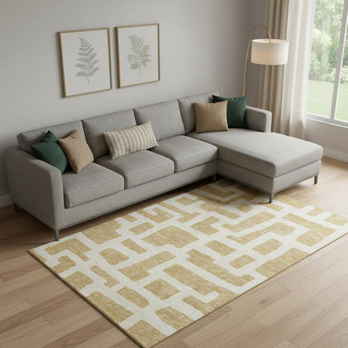 10' X 14' Abstract Geometric Washable Area Rug With UV Protection (671792) - Gold / Ivory