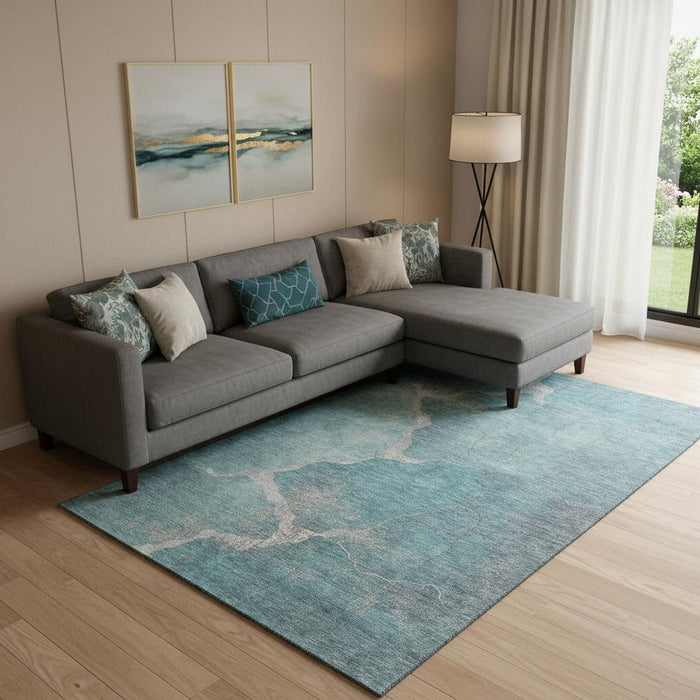 10' X 14' Abstract Washable Area Rug With UV Protection (707041) - Teal / Beige