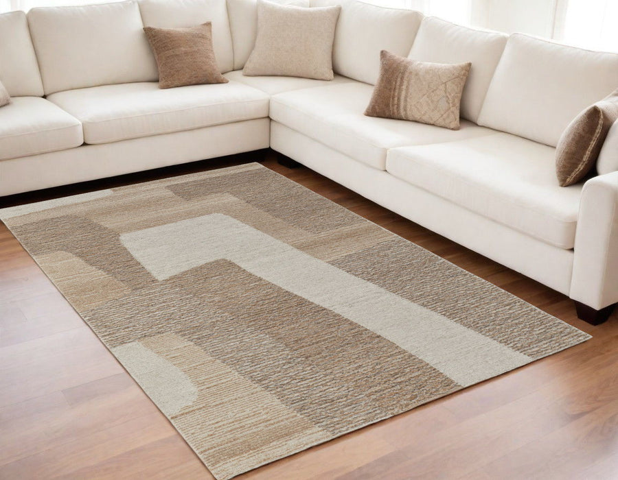 5' x 8' Wool Abstract Hand Tufted Area Rug - Brown Tan And Ivory