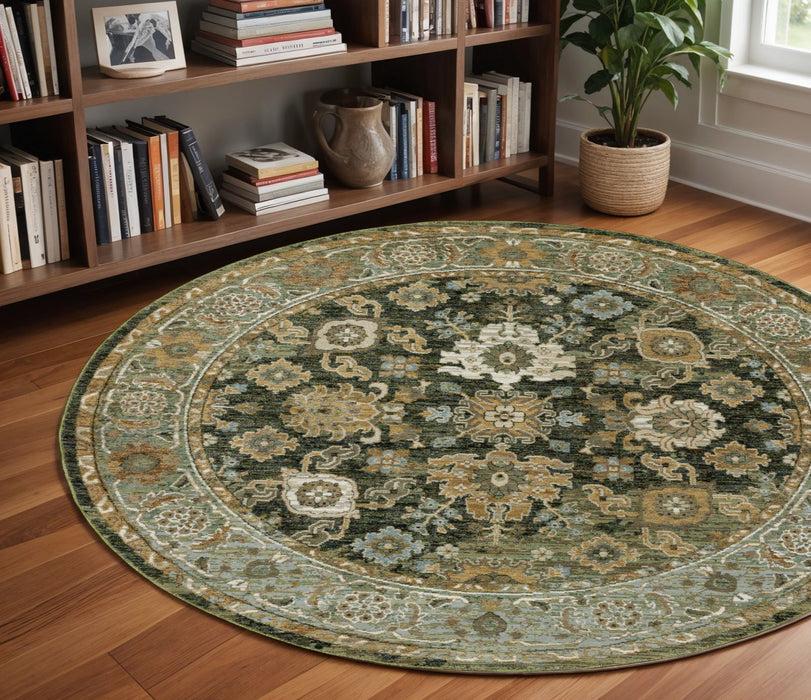 8' Oriental Round Rug - Green And Gold