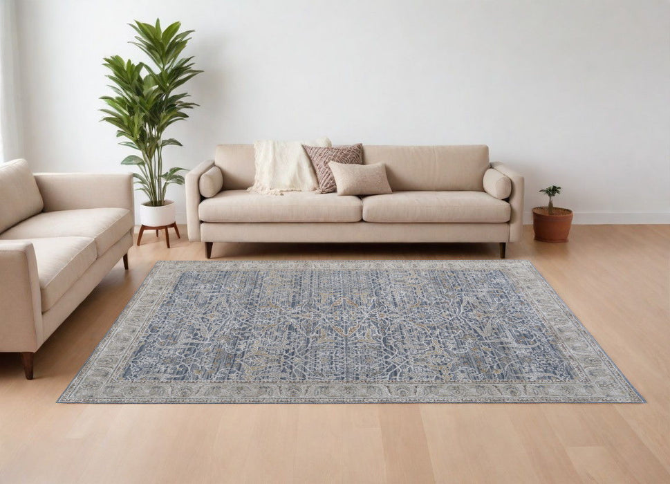 9' x 13' Ikat Power Loom Worn Faded Area Rug With Fringe - Taupe And Blue
