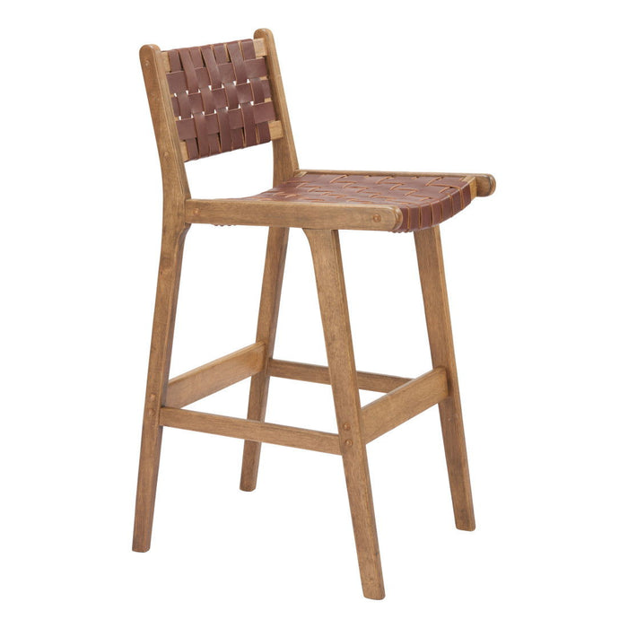 Leather And Solid Wood Low Back Bar Height Bar Chair - Brown