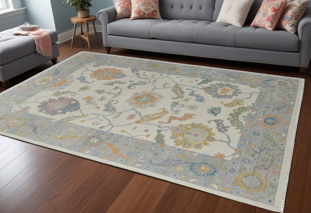 6' x 9' Wool Floral Hand Knotted Area Rug With Fringe - Gray Ivory And Orange