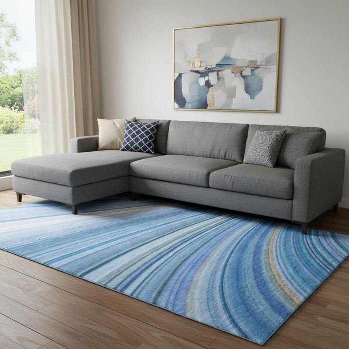 8' X 10' Abstract Washable Area Rug With UV Protection (650342) - Blue / Ivory / Gold
