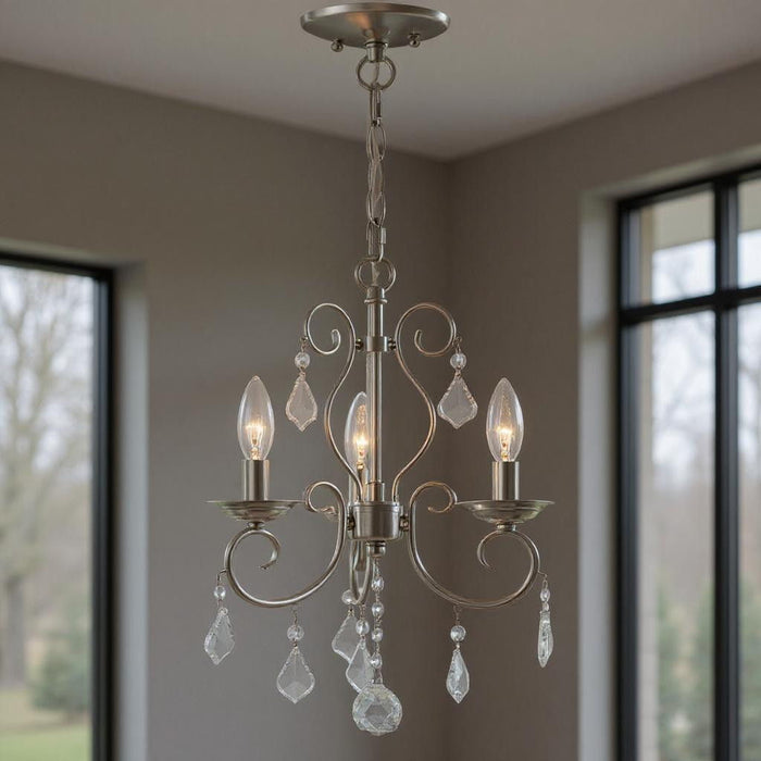 17'' Three-Light Dimmable Chandelier With Shades - Nickel / Pearl Silver