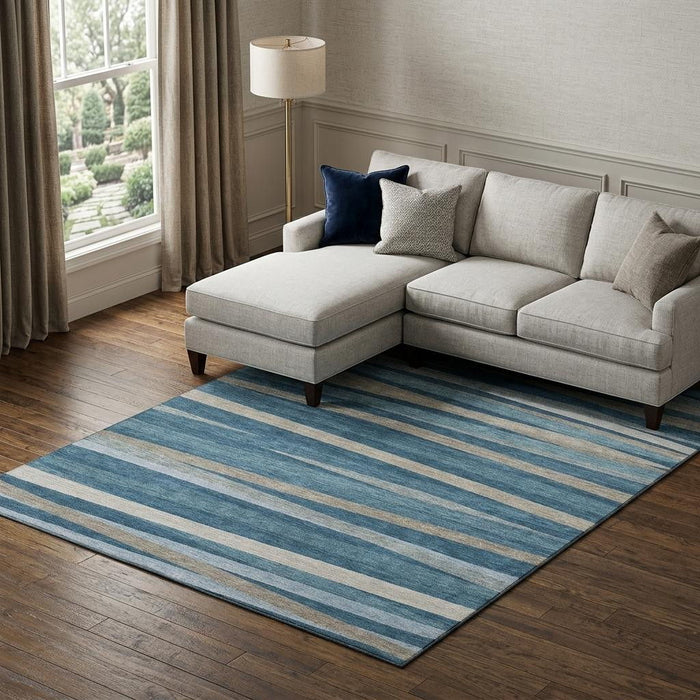 10' X 14' Striped Washable Area Rug With UV Protection (678484) - Denim Blue / Ivory / Beige