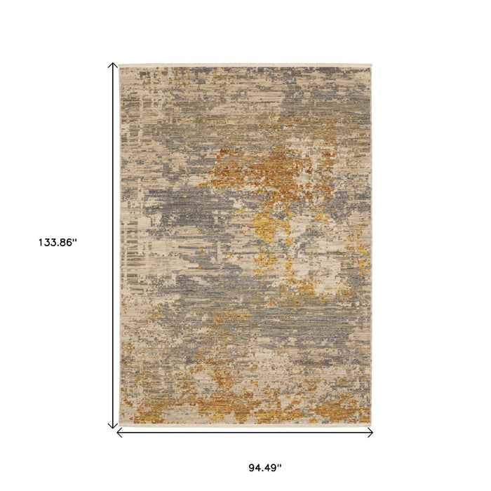 8' X 11' Abstract Area Rug With Fringe - Beige And Gold