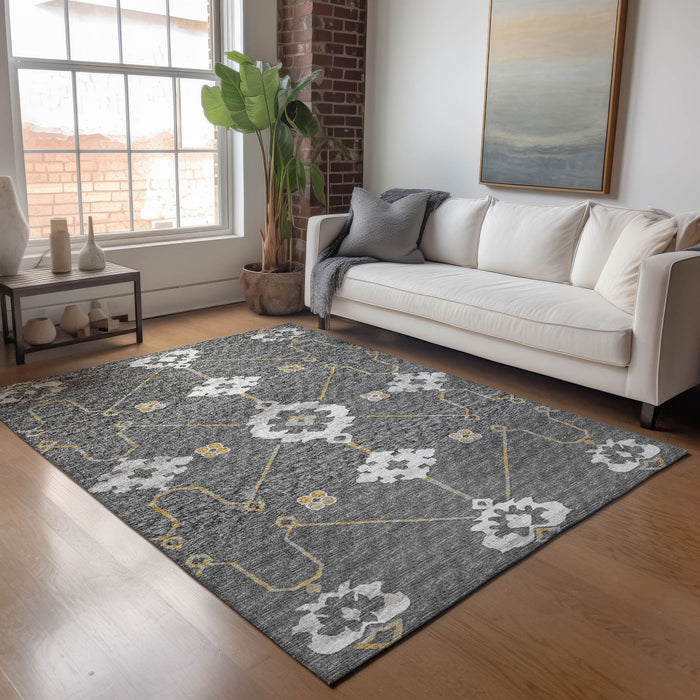 9' X 12' Transitional Floral Medallion Washable Area Rug With UV Protection - Gray