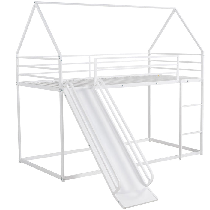 Giga twin over twin house bunk bed with ladder and slide, featuring a playful design, wood finish, and safety guard rails for kids.