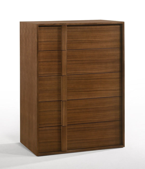 Walnut brown contemporary five-drawer wood dresser with sleek design, modern chifforobe by HomeRoots, showcasing smooth drawer fronts.