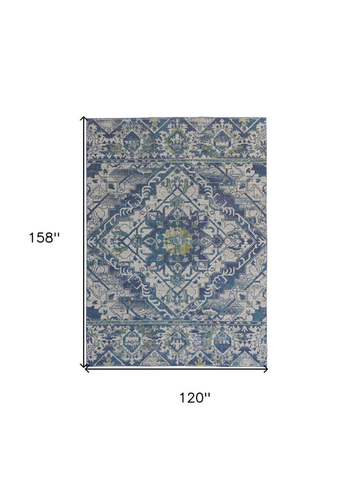 10' x 13' Oriental Power Loom Area Rug - Green Blue And Ivory