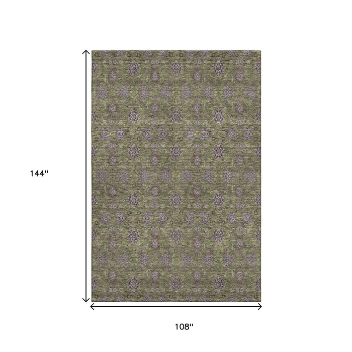 9' X 12' Floral Washable Area Rug With UV Protection (656848) - Olive Green / Beige