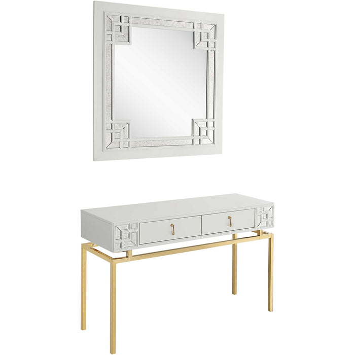 Solid Wood Mirrored Console Table And Drawers (Set of 2) - White And Gold